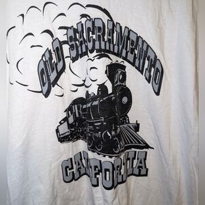 Two men's train t-shirts. Old Sacramento, California.